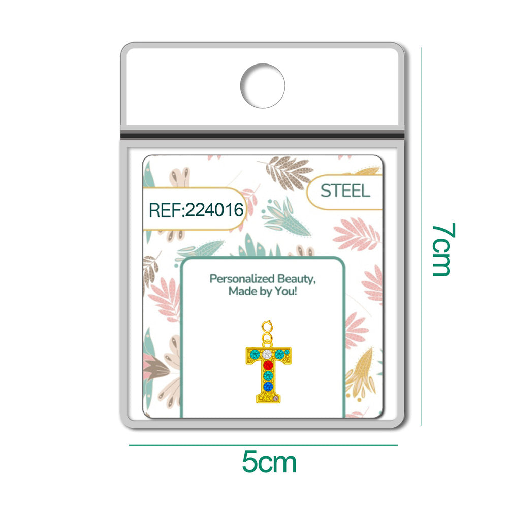 CHARM de Letra T Acero color Dorado con Circonita-con Cierre