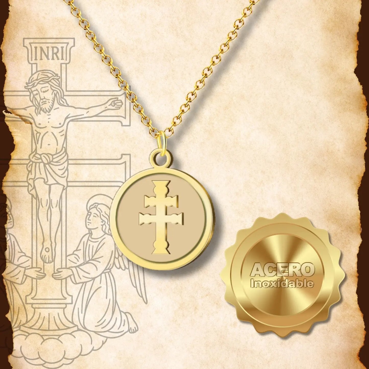 Medalla Cruz de Caravaca en Acero Inoxidable Dorado - cotigo