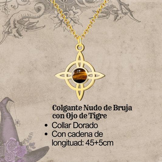 Colgante Nudo de Bruja con Ojo de Tigre en Acero Dorado
