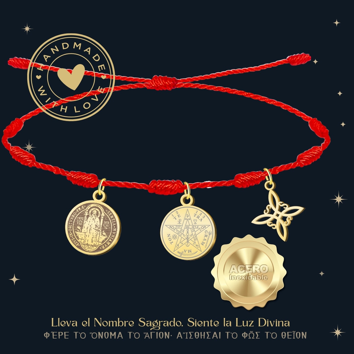 Pulsera 7 nudos con Nudo de Bruja y Tetragramatón, y San Benito Dorado Acero Inoxidable