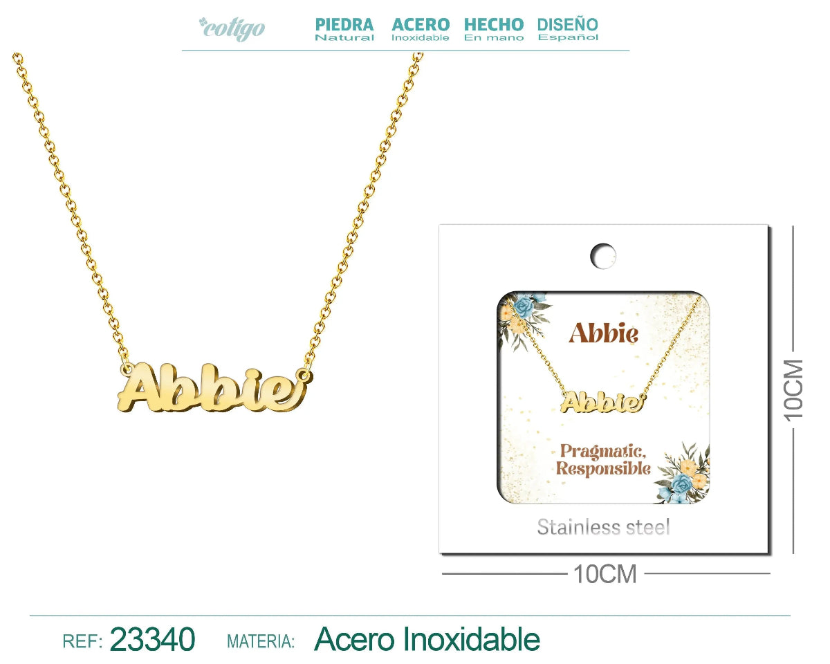 Collar dorado con nombre Abbie escrito en inglés diseño elegante y acabado brillante