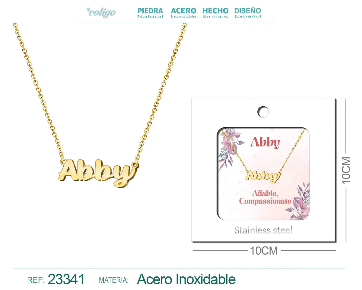 Collar dorado con nombre Abby escrito en inglés diseño elegante y acabado brillante
