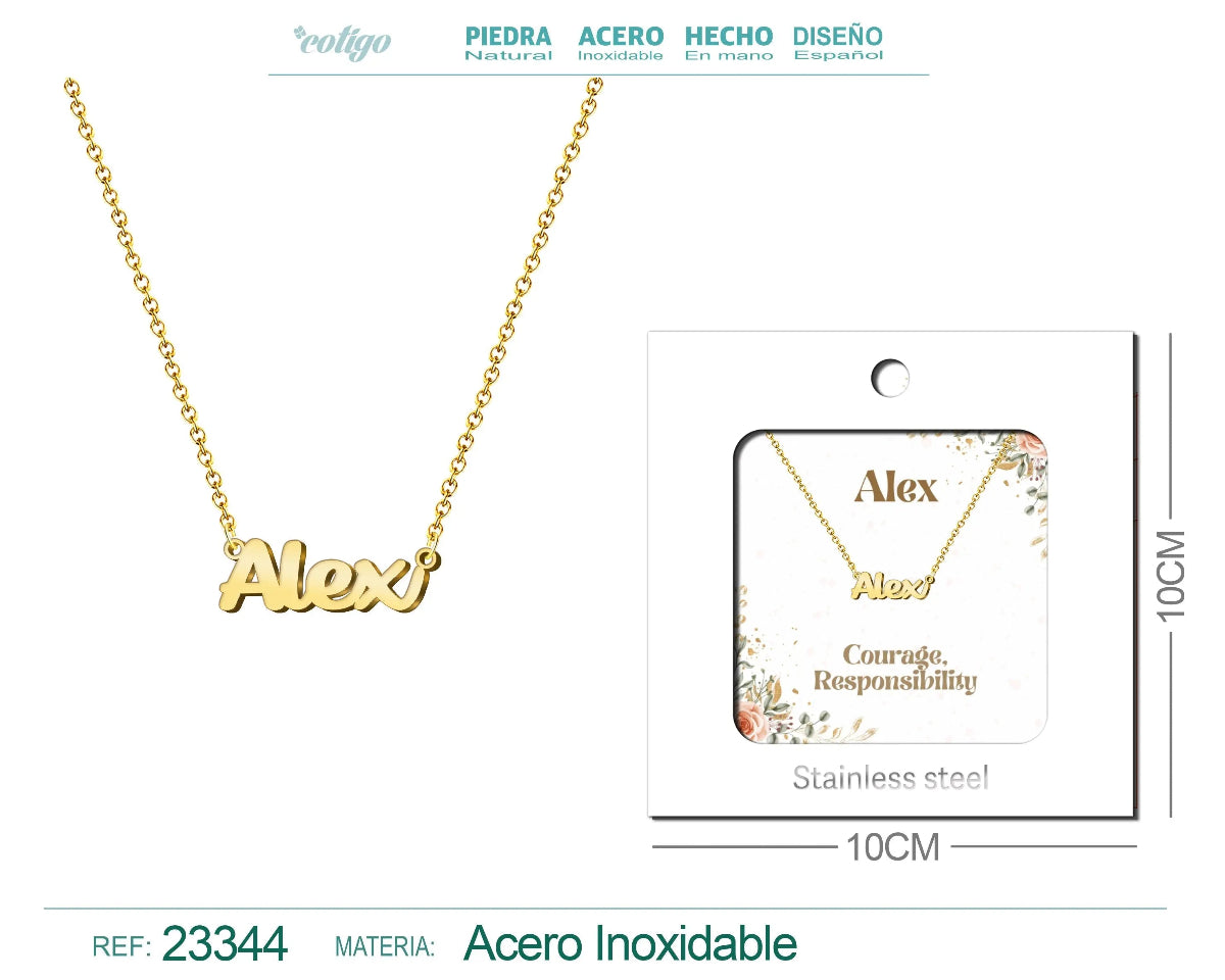 Collar dorado con nombre Alex diseño minimalista y elegante acabado brillante