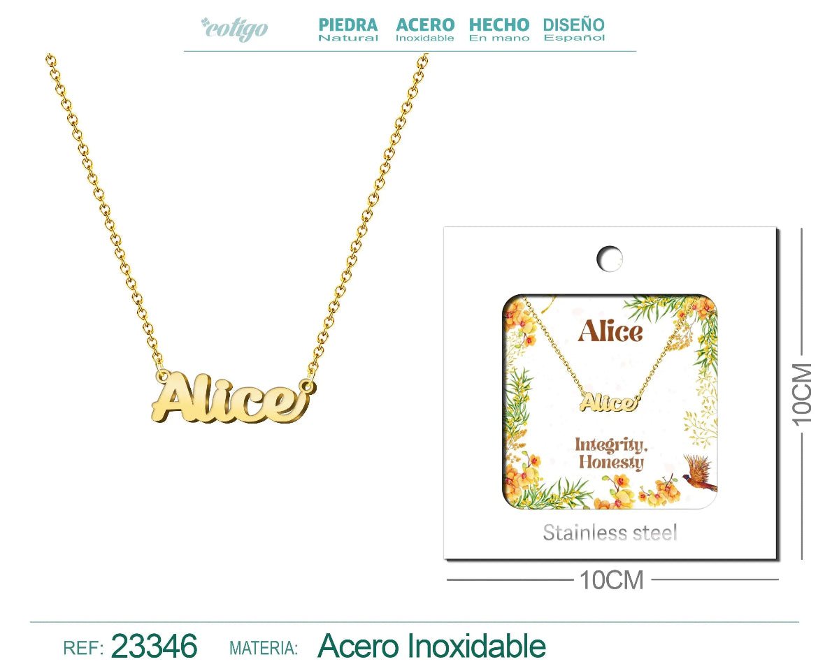 Collar dorado con nombre Alice escrito en inglés diseño elegante y acabado brillante