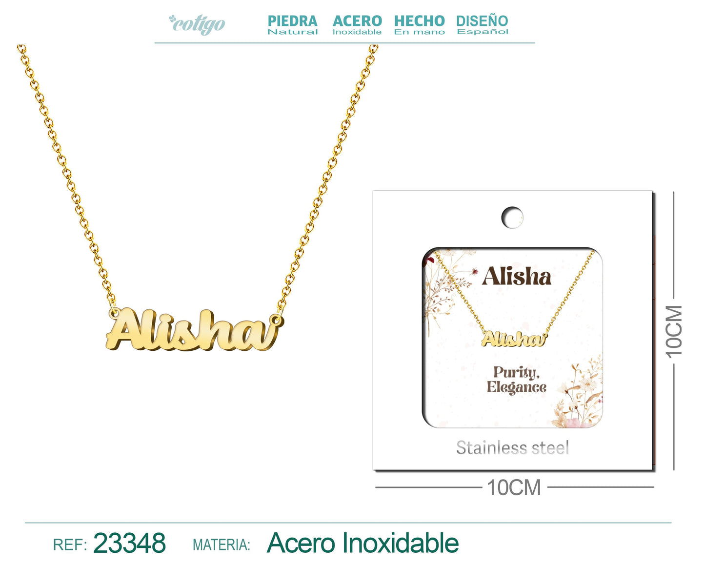 Collar Nombre Ingles Alisha Acero con Sobre