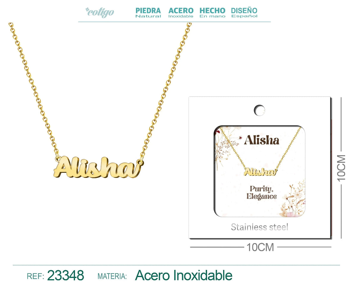 Collar dorado con nombre Alisha escrito en inglés con SH diseño elegante y acabado brillante