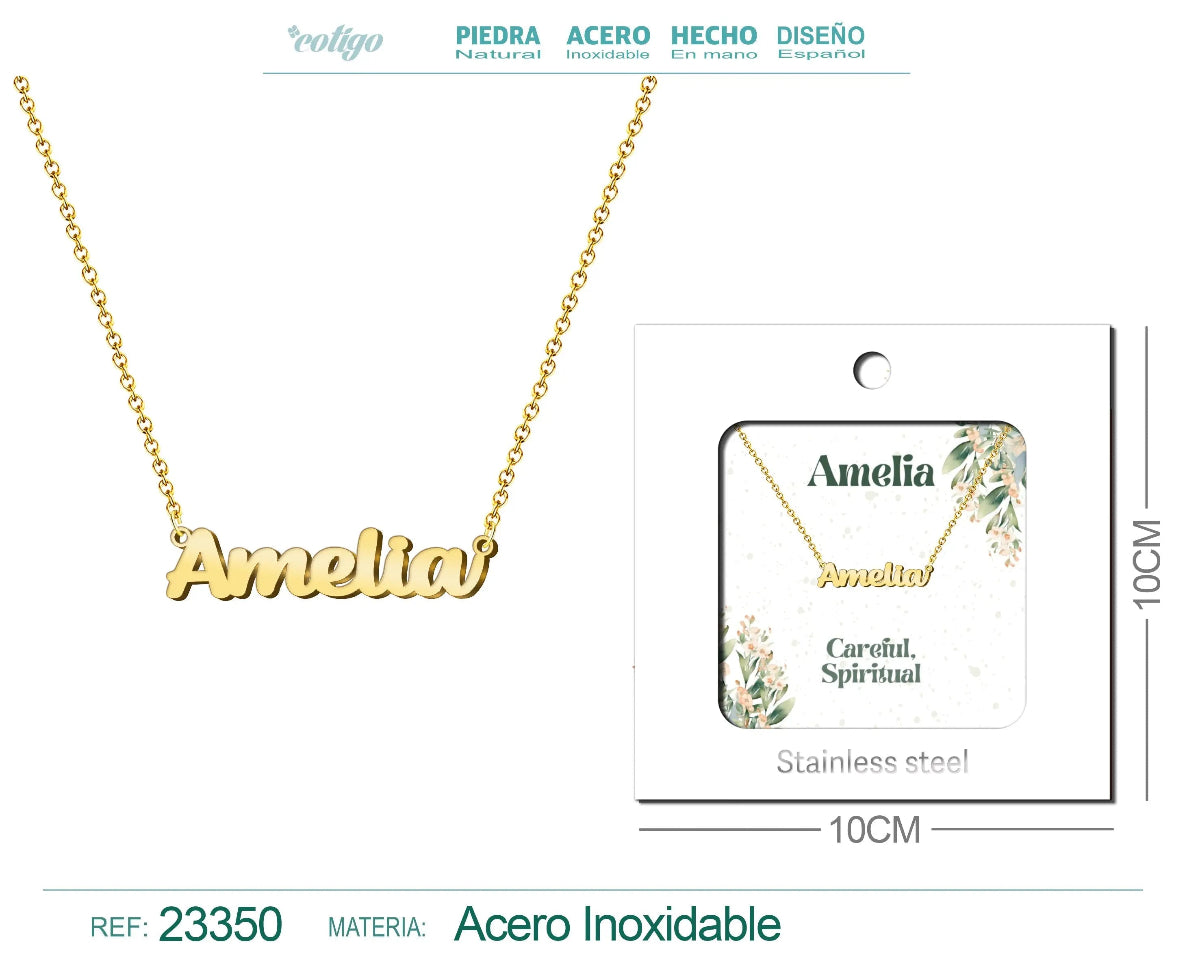 Collar dorado con nombre Amelia diseño elegante cursiva y acabado brillante