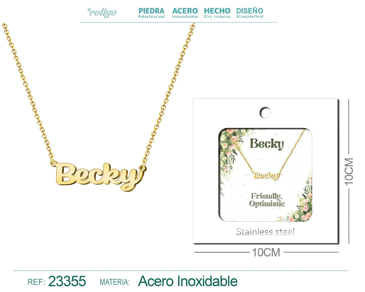Collar dorado con nombre Becky escrito en inglés diseño juvenil y acabado brillante