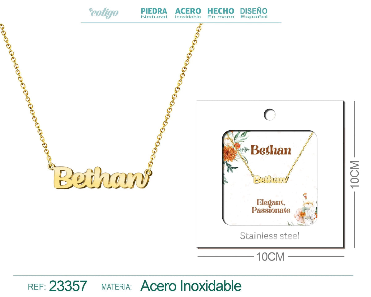 Collar dorado con nombre Bethan escrito en inglés diseño elegante y acabado brillante