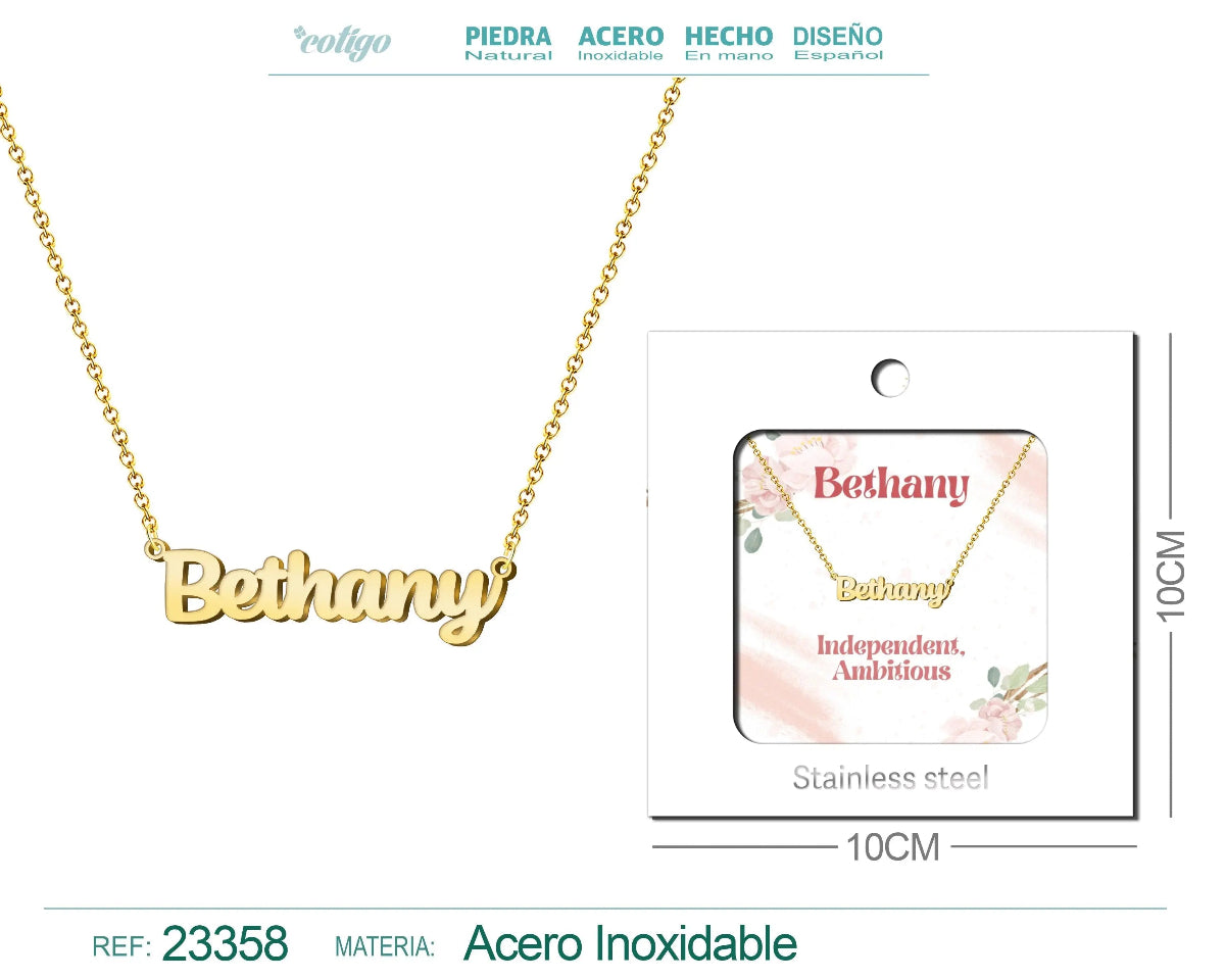 Collar dorado con nombre Bethany escrito en inglés diseño elegante y acabado brillante