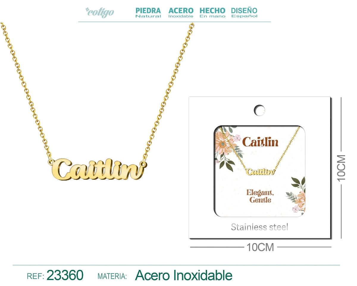 Collar dorado con nombre Caitlin escrito en inglés con C diseño elegante y acabado brillante