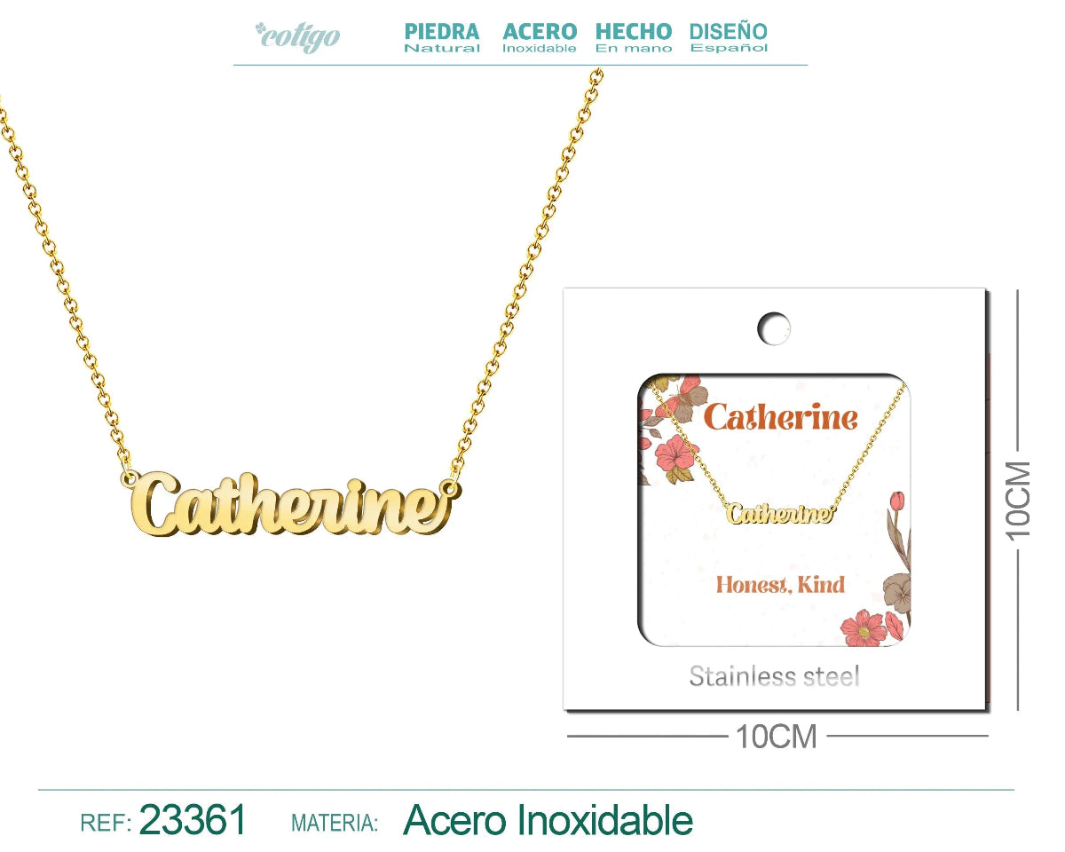 Collar dorado con nombre Catherine diseño clásico cursiva y acabado brillante