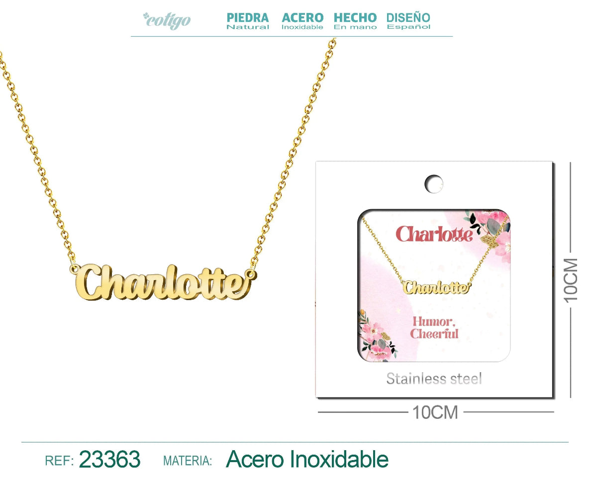 Collar dorado con nombre Charlotte diseño elegante cursiva y acabado brillante