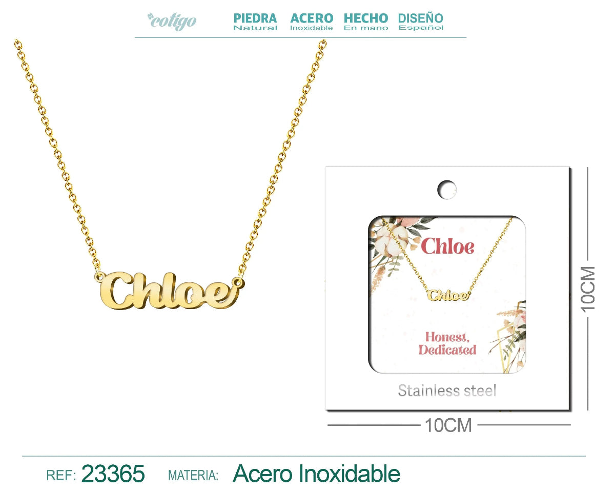 Collar dorado con nombre Chloe escrito en inglés diseño chic y acabado brillante