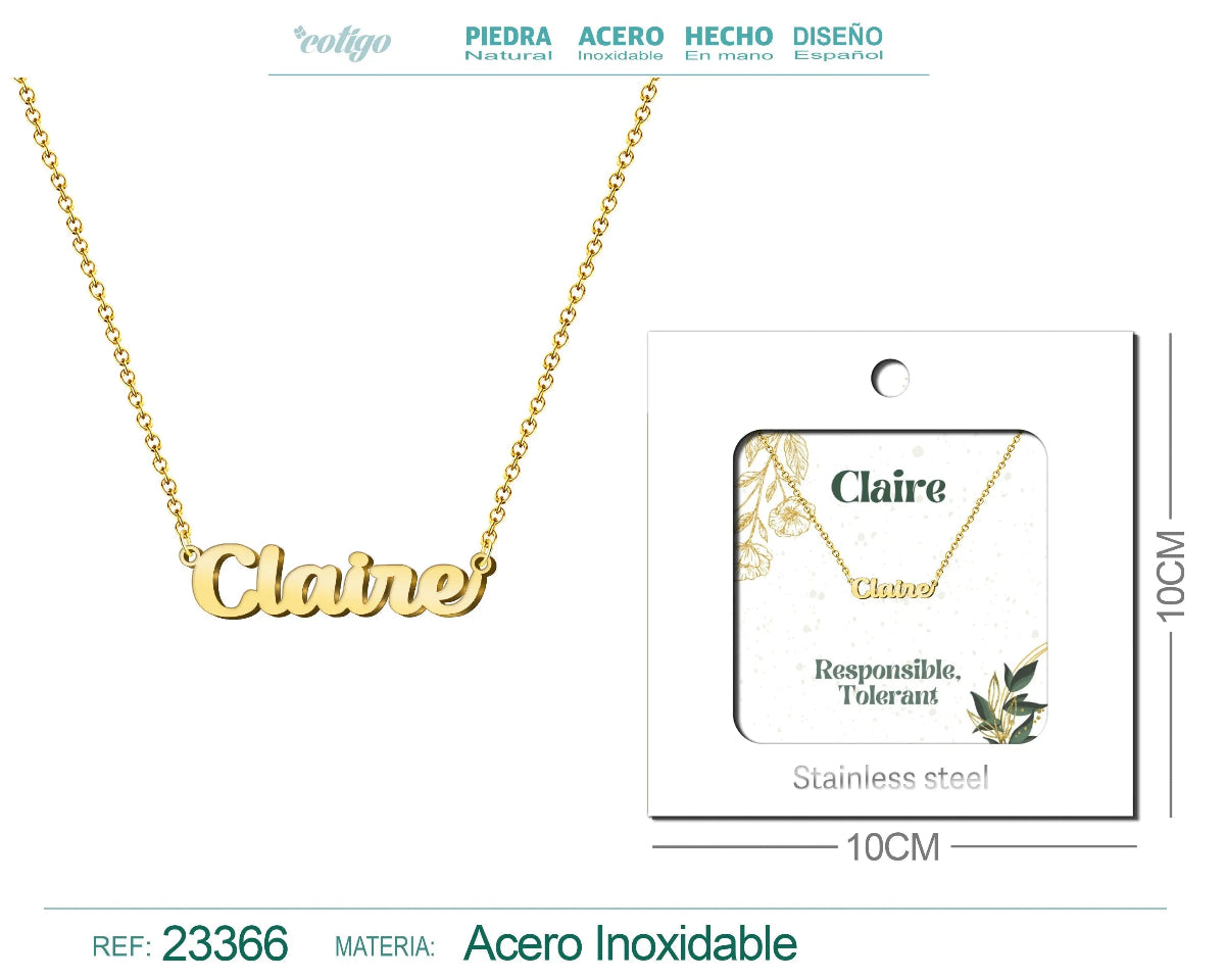 Collar dorado con nombre Claire escrito en inglés diseño sofisticado y acabado brillante
