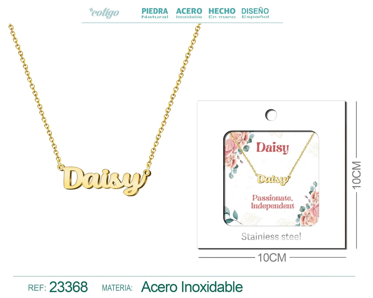 Collar dorado con nombre Daisy escrito en inglés diseño juvenil y acabado brillante
