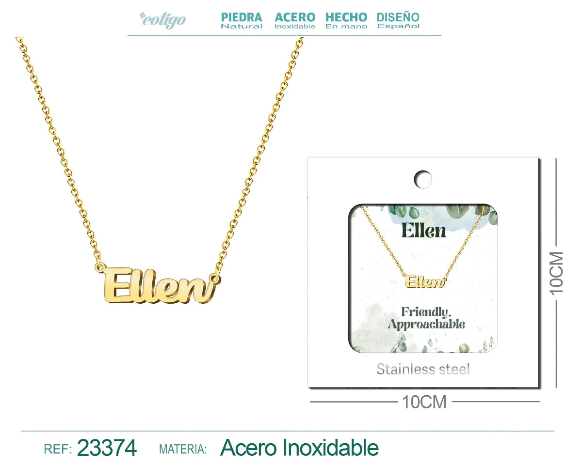 Collar dorado con nombre Ellen escrito en inglés diseño clásico y acabado brillante