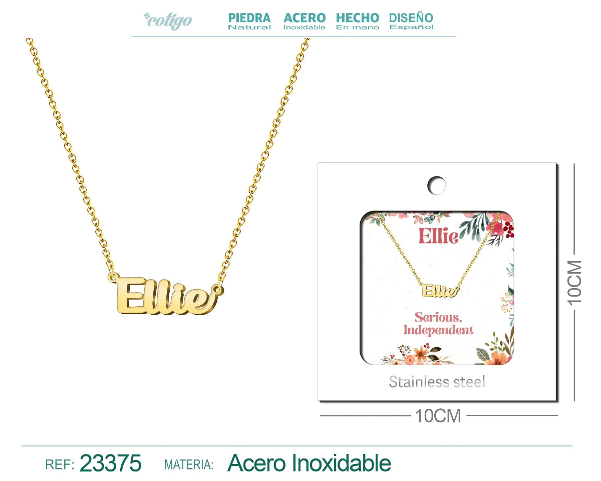 Collar dorado con nombre Ellie escrito en inglés diseño juvenil y acabado brillante