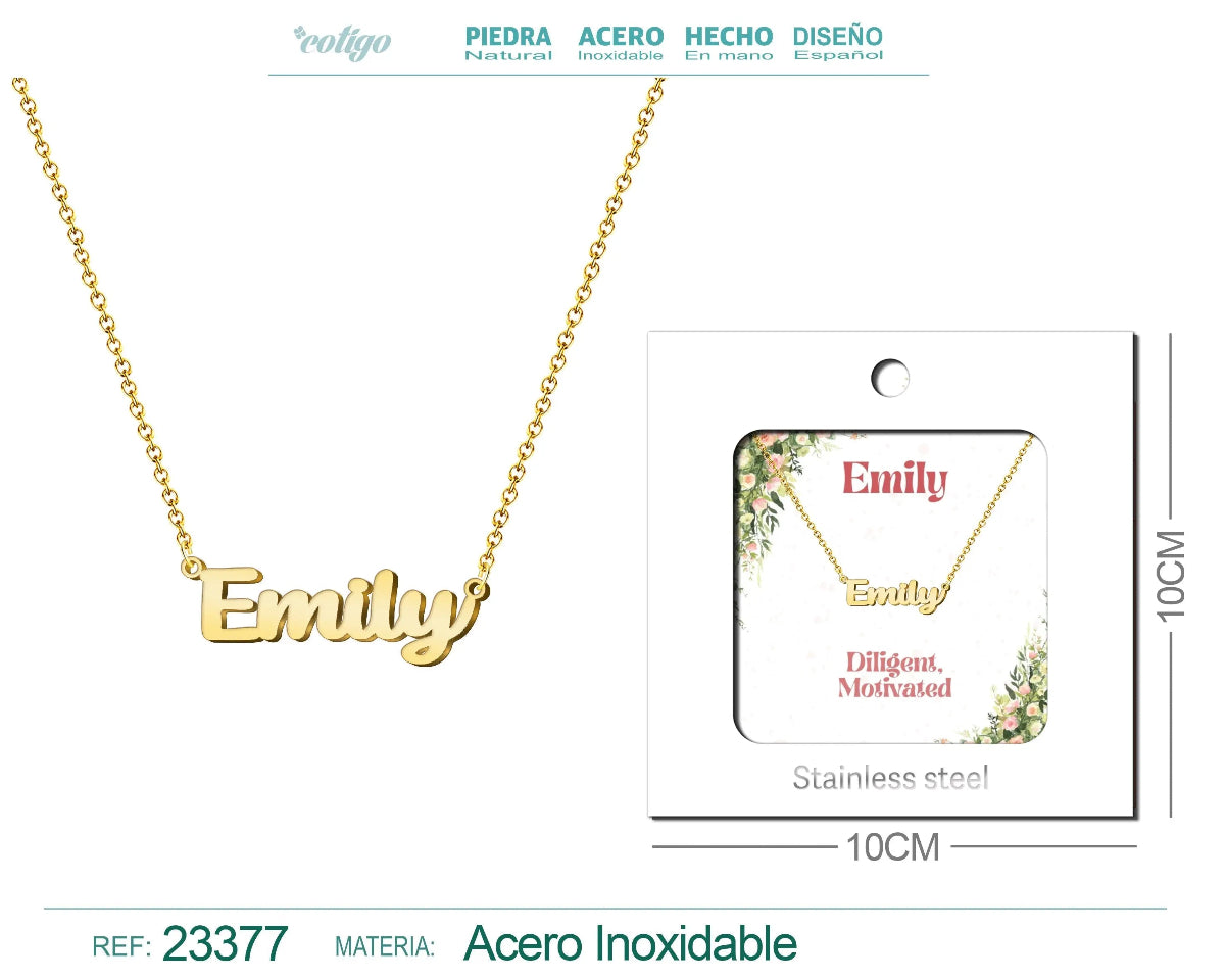 Collar dorado con nombre Emily escrito en inglés diseño clásico y acabado brillante