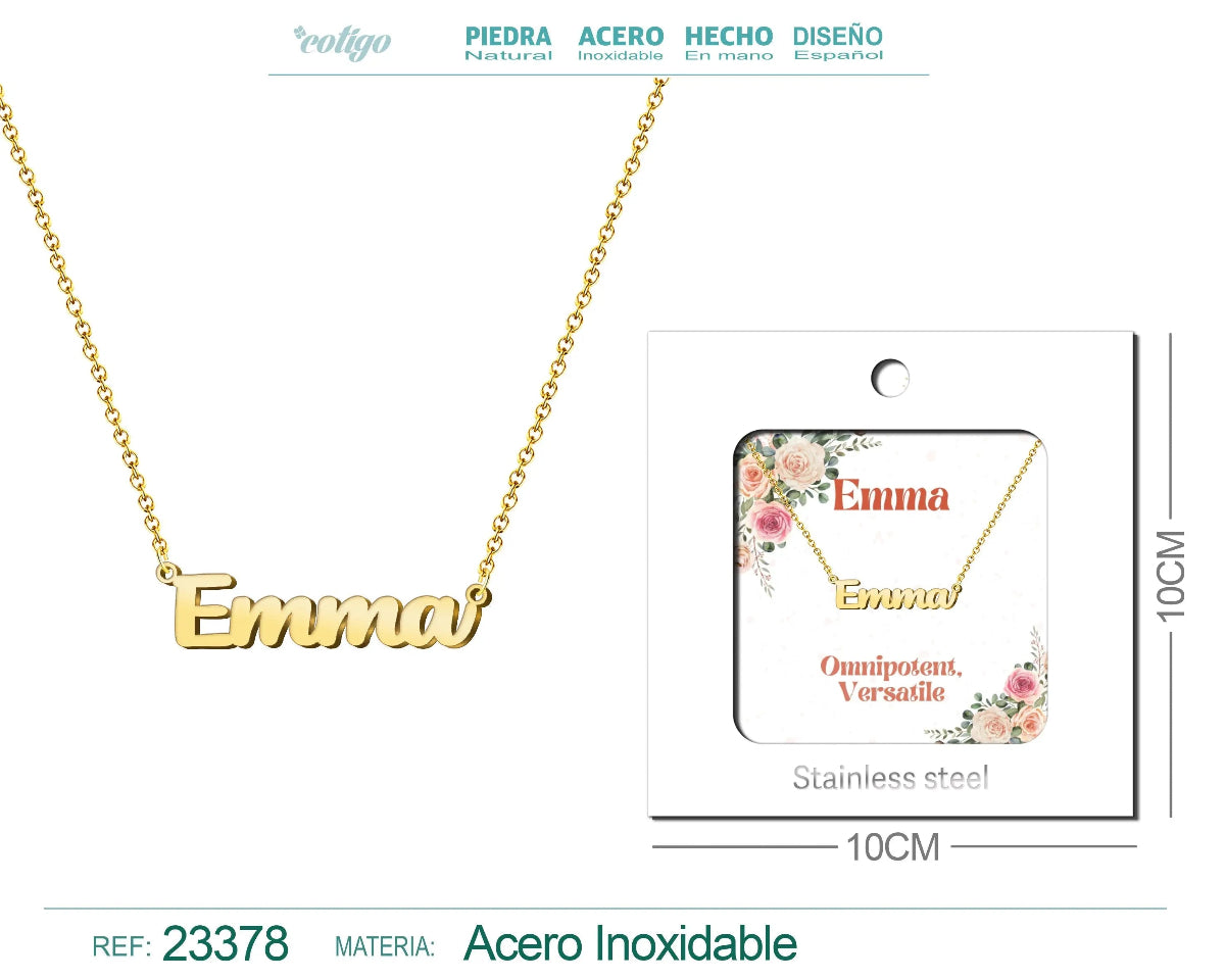 Collar dorado con nombre Emma escrito en cursiva diseño atemporal y acabado brillante