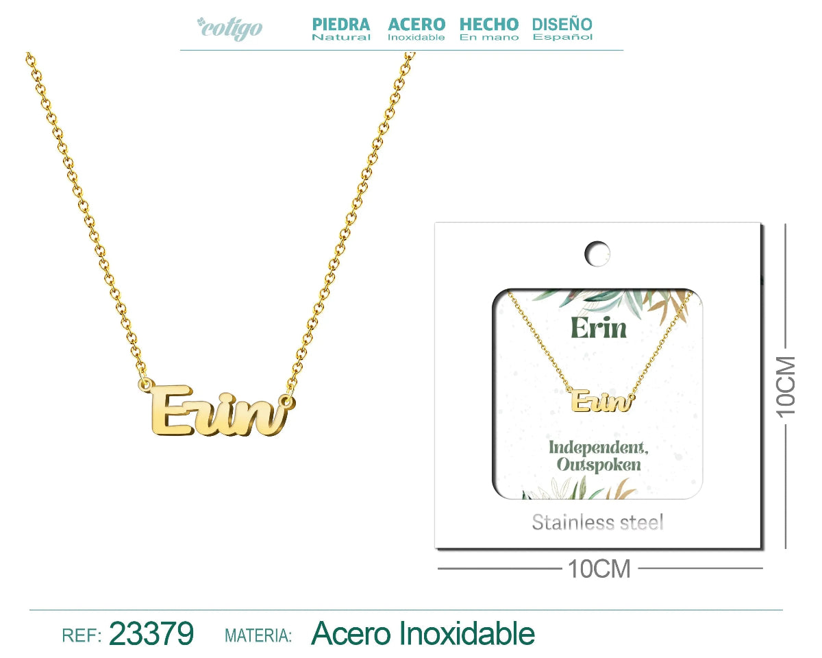 Collar dorado con nombre Erin escrito en inglés diseño minimalista y acabado brillante