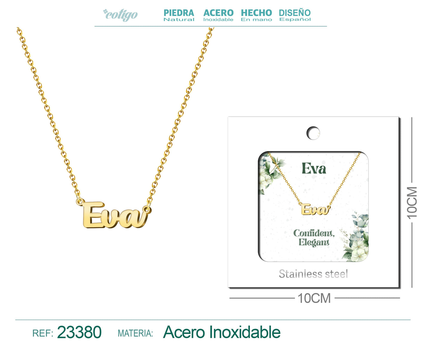 Collar Nombre Ingles Eva Acero con Sobre