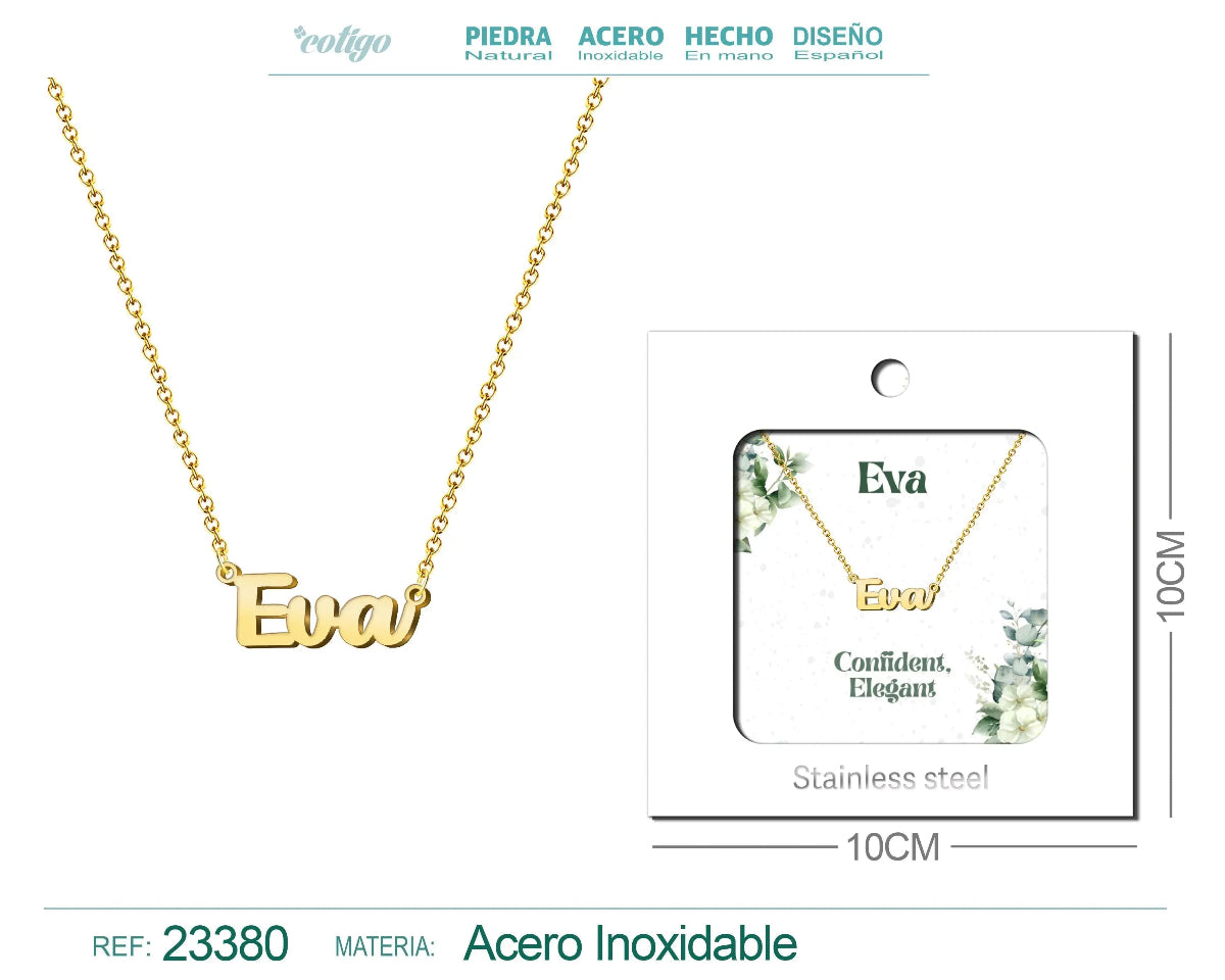 Collar dorado con nombre Eva escrito en cursiva diseño minimalista y acabado brillante