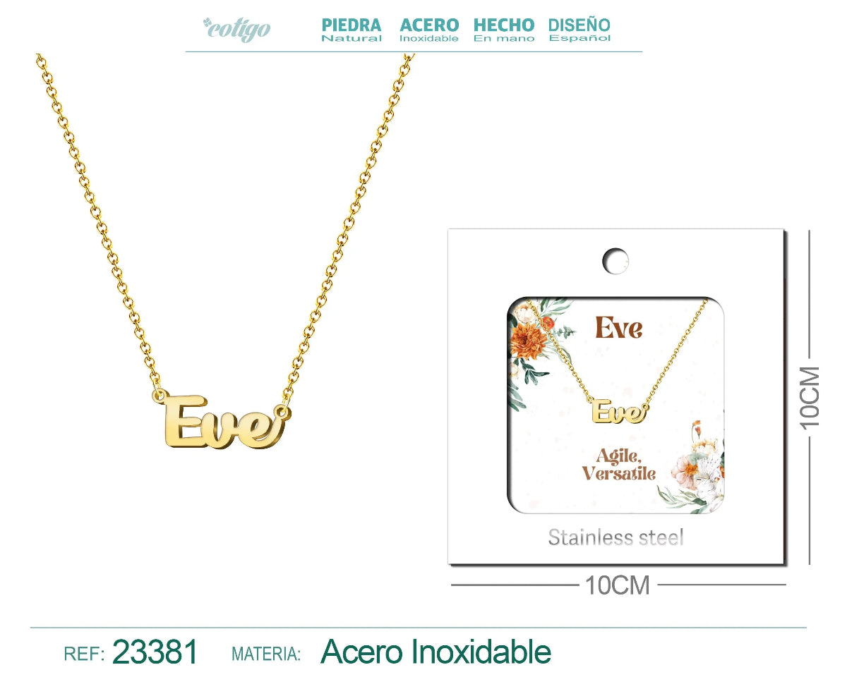 Collar dorado con nombre Eve escrito en inglés diseño chic minimalista y acabado brillante