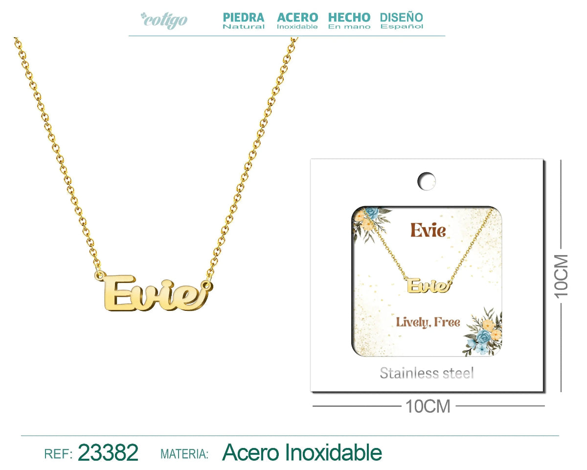 Collar dorado con nombre Evie escrito en inglés diseño dulce y acabado brillante