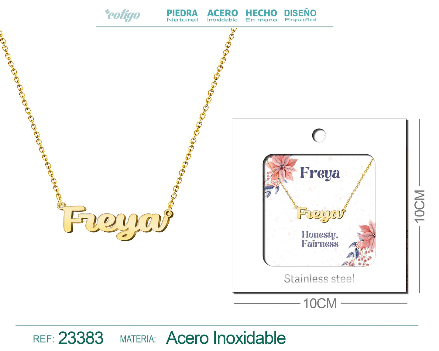 Collar Nombre Ingles Freya Acero con Sobre