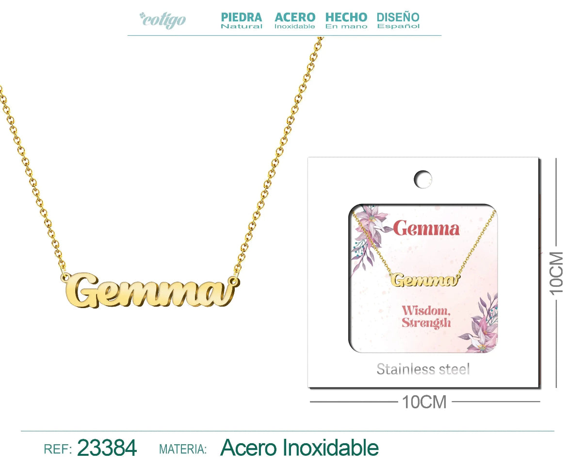 Collar dorado con nombre Gemma escrito con doble M diseño elegante y acabado brillante