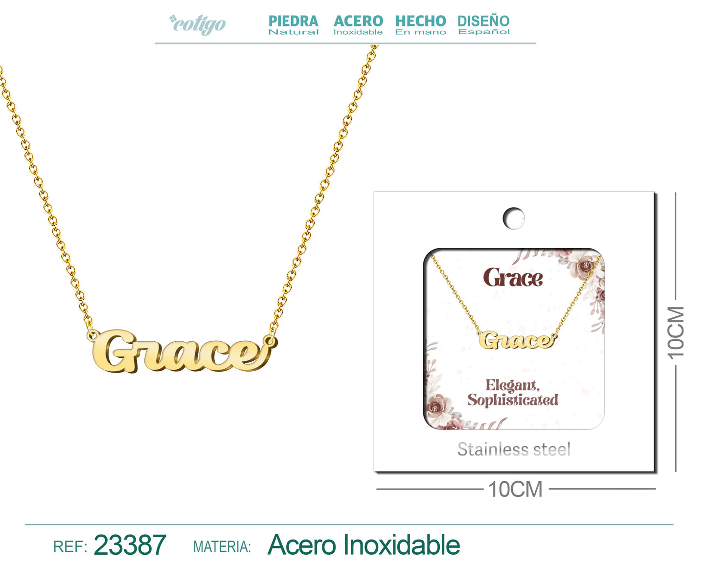 Collar Nombre Ingles Grace Acero con Sobre