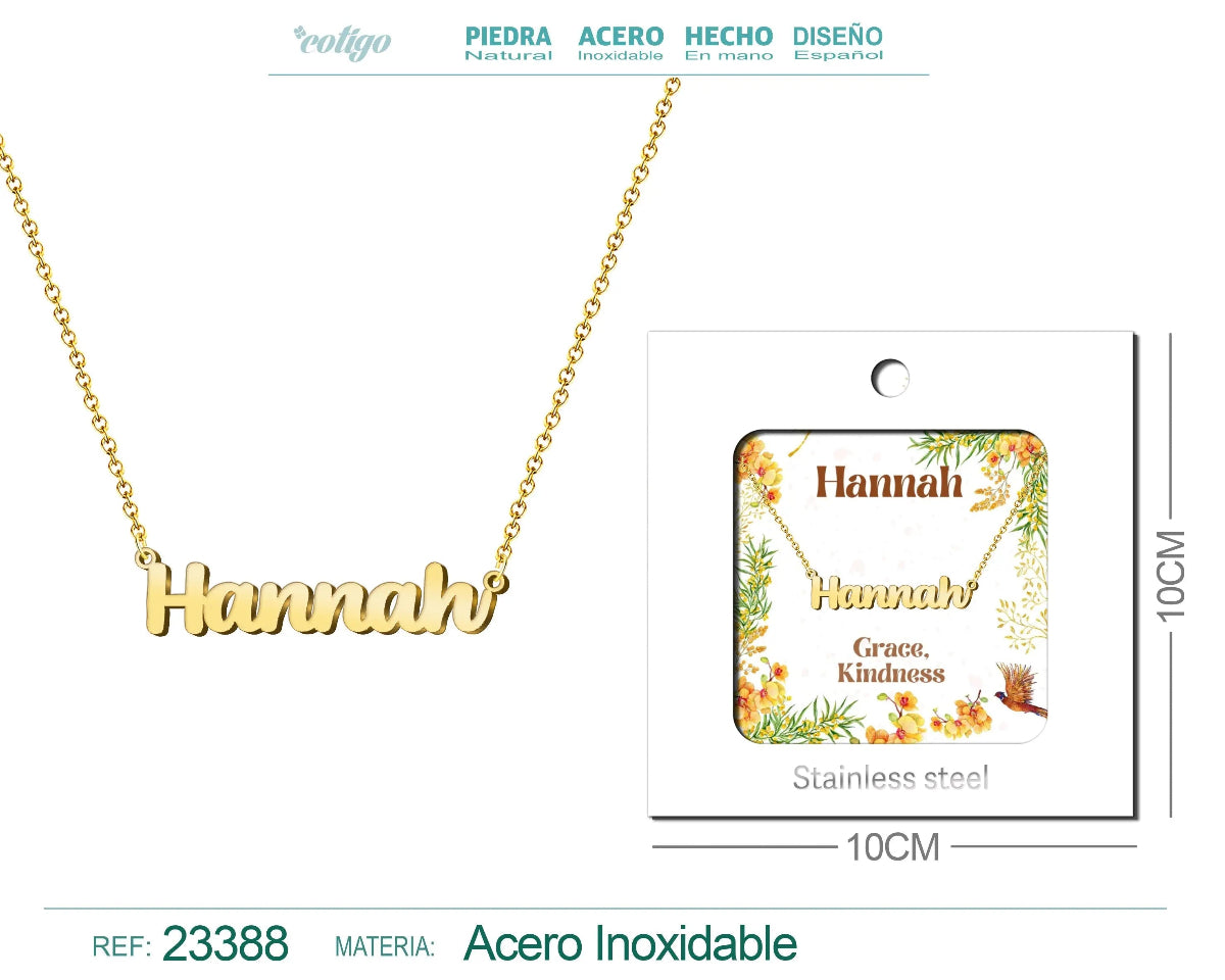 Collar dorado con nombre Hannah escrito en inglés diseño simétrico y acabado brillante