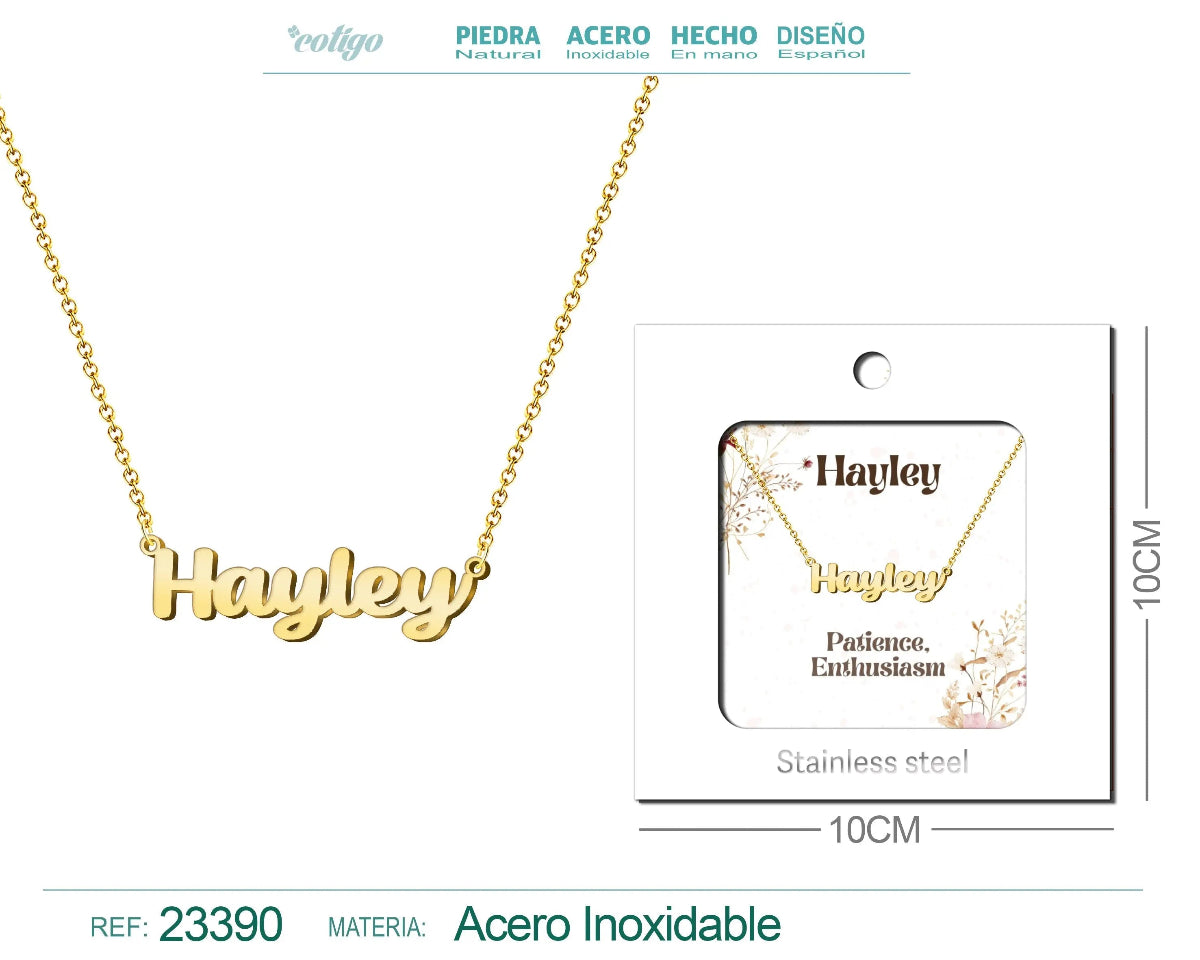 Collar dorado con nombre Hayley escrito en inglés diseño moderno y acabado brillante