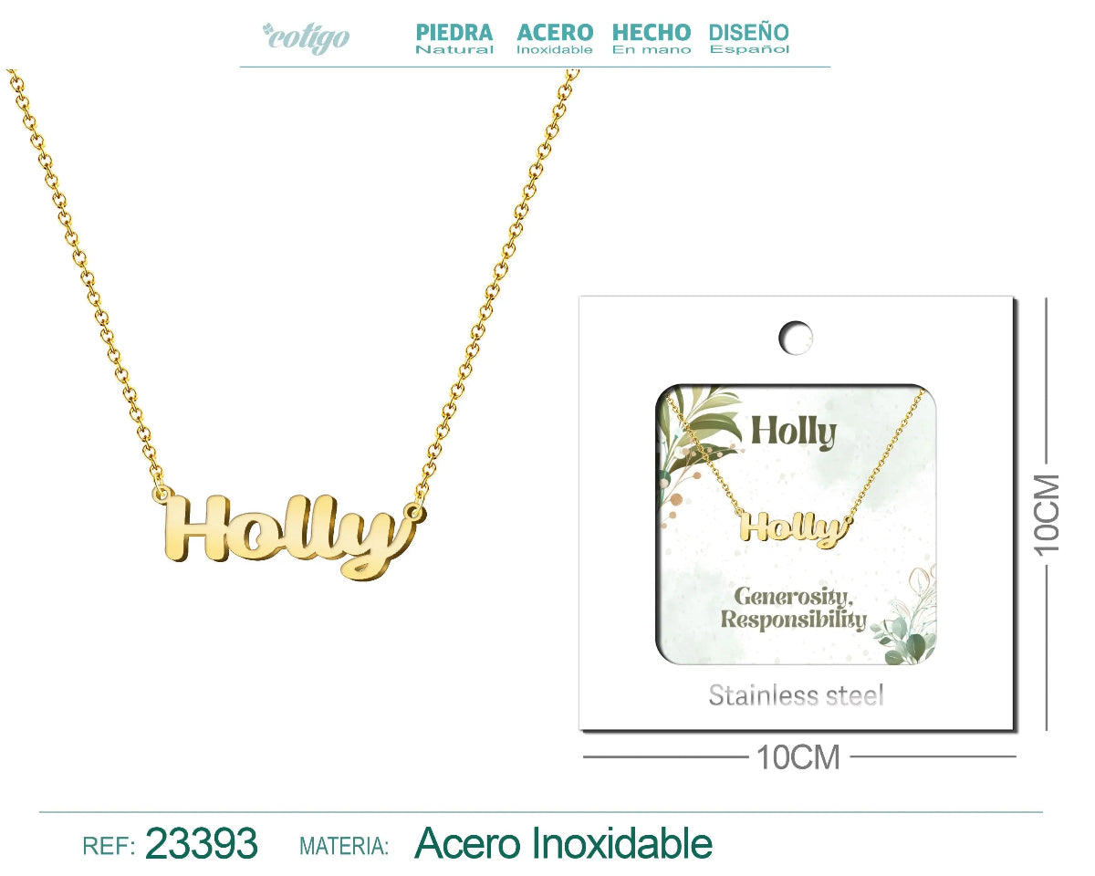 Collar dorado con nombre Holly escrito en inglés diseño inspirado en la naturaleza y acabado brillante
