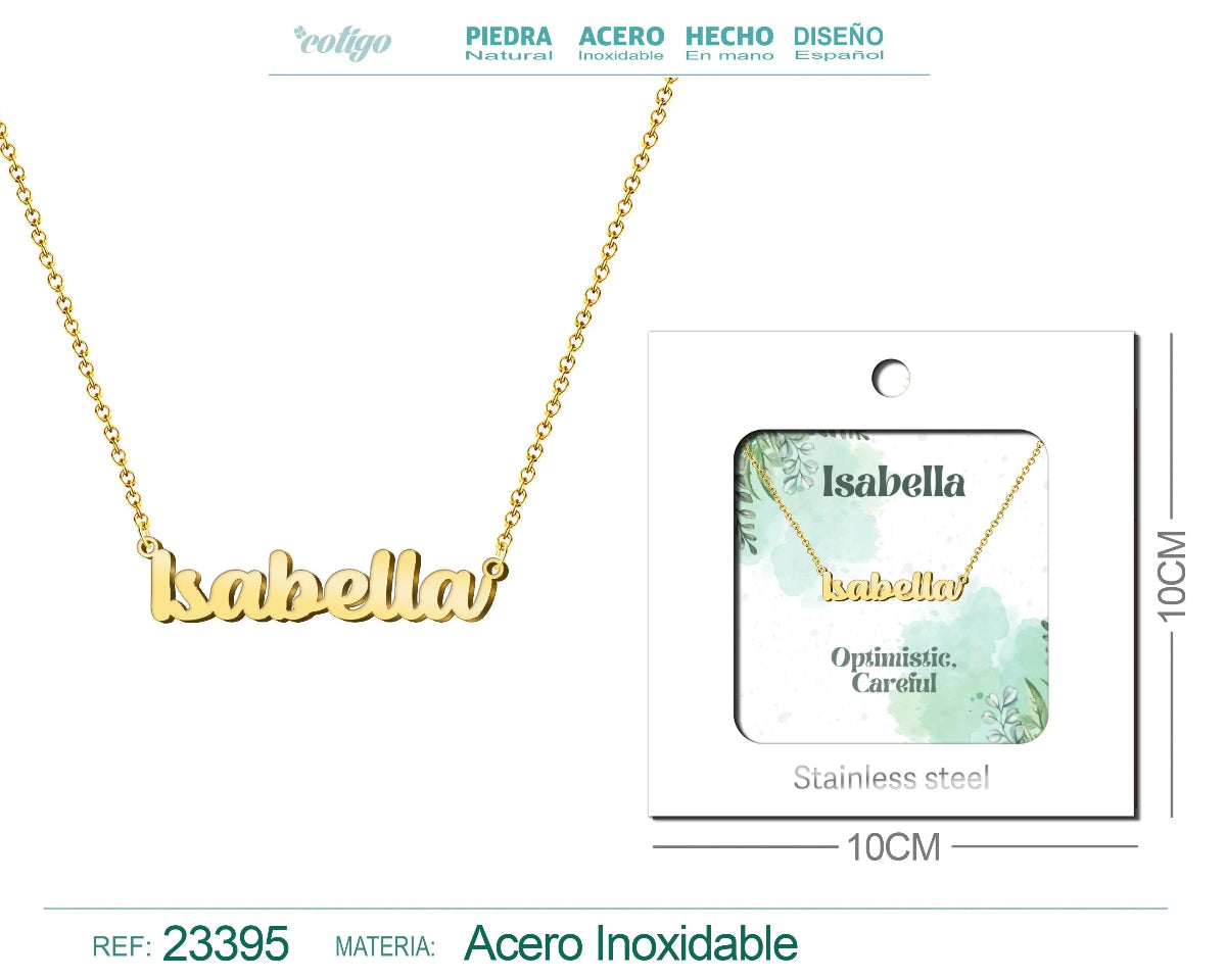 Collar dorado con nombre Isabella escrito en cursiva diseño romántico y acabado brillante