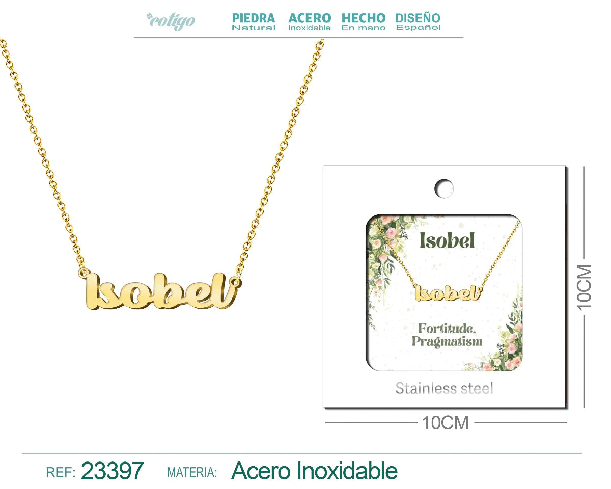 Collar dorado con nombre Isobel escrito en inglés diseño clásico escocés y acabado brillante