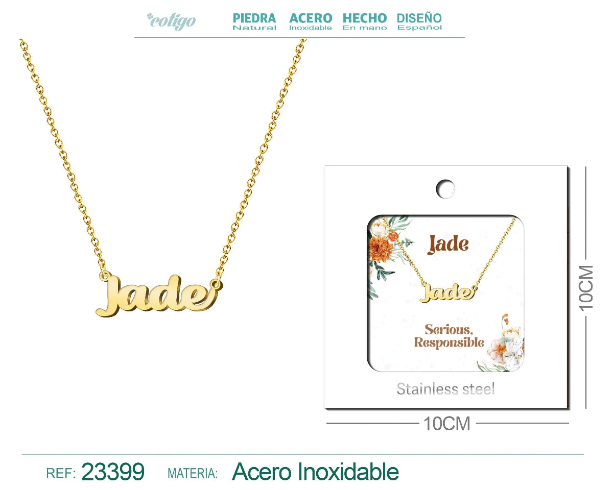 Collar dorado con nombre Jade escrito en cursiva diseño inspirado en piedras preciosas y acabado brillante