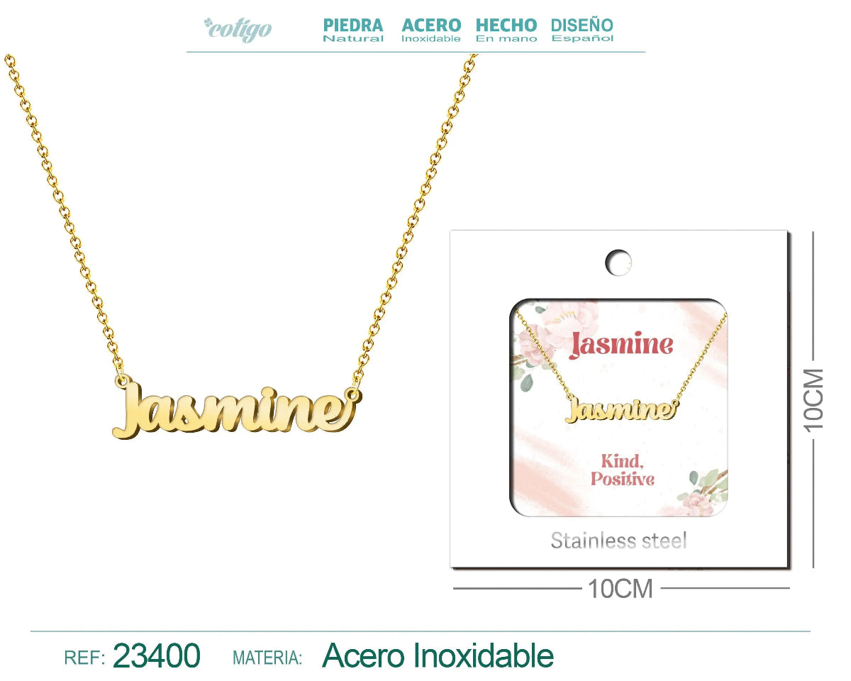 Collar dorado con nombre Jasmine escrito en cursiva diseño floral exótico y acabado brillante