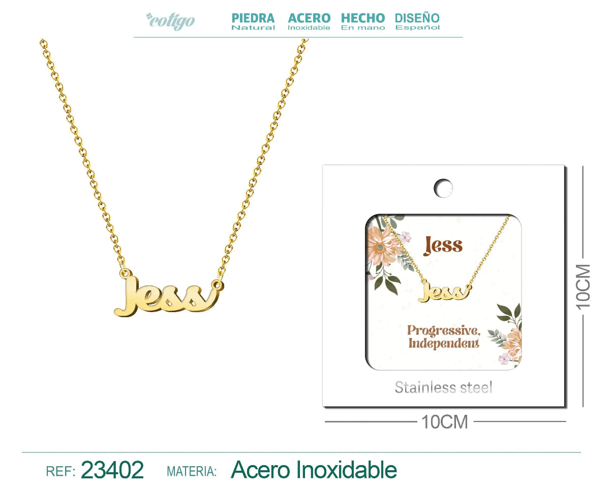 Collar dorado con nombre Jess escrito en cursiva diseño moderno minimalista y acabado brillante