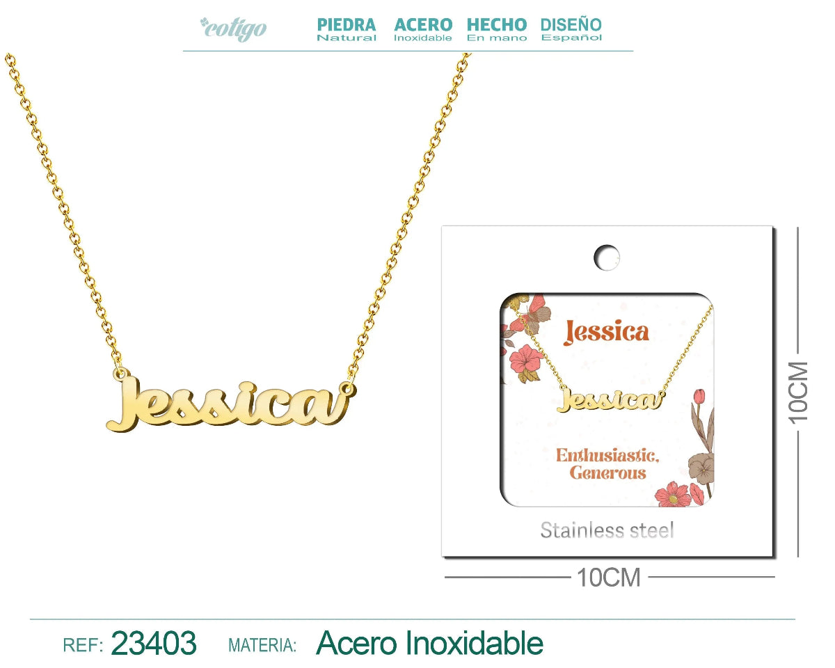 Collar dorado con nombre Jessica escrito en cursiva diseño elegante y acabado brillante