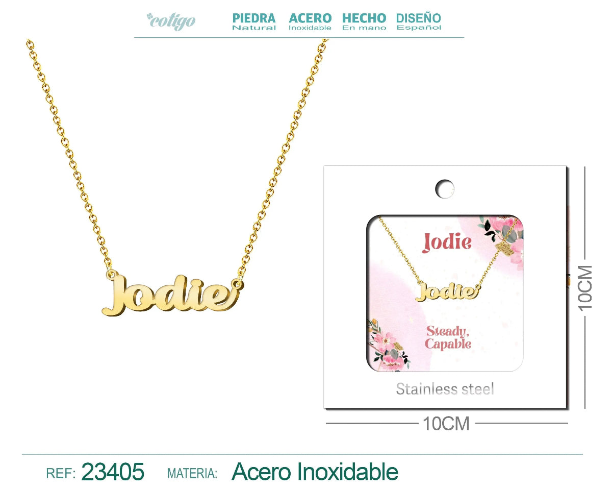 Collar dorado con nombre Jodie escrito en cursiva diseño moderno británico y acabado brillante