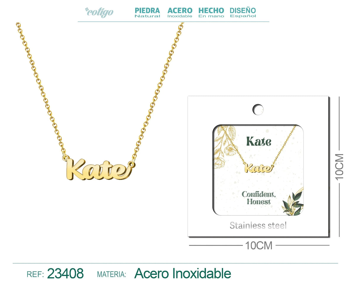 Collar dorado con nombre Kate escrito en cursiva diseño clásico minimalista y acabado brillante
