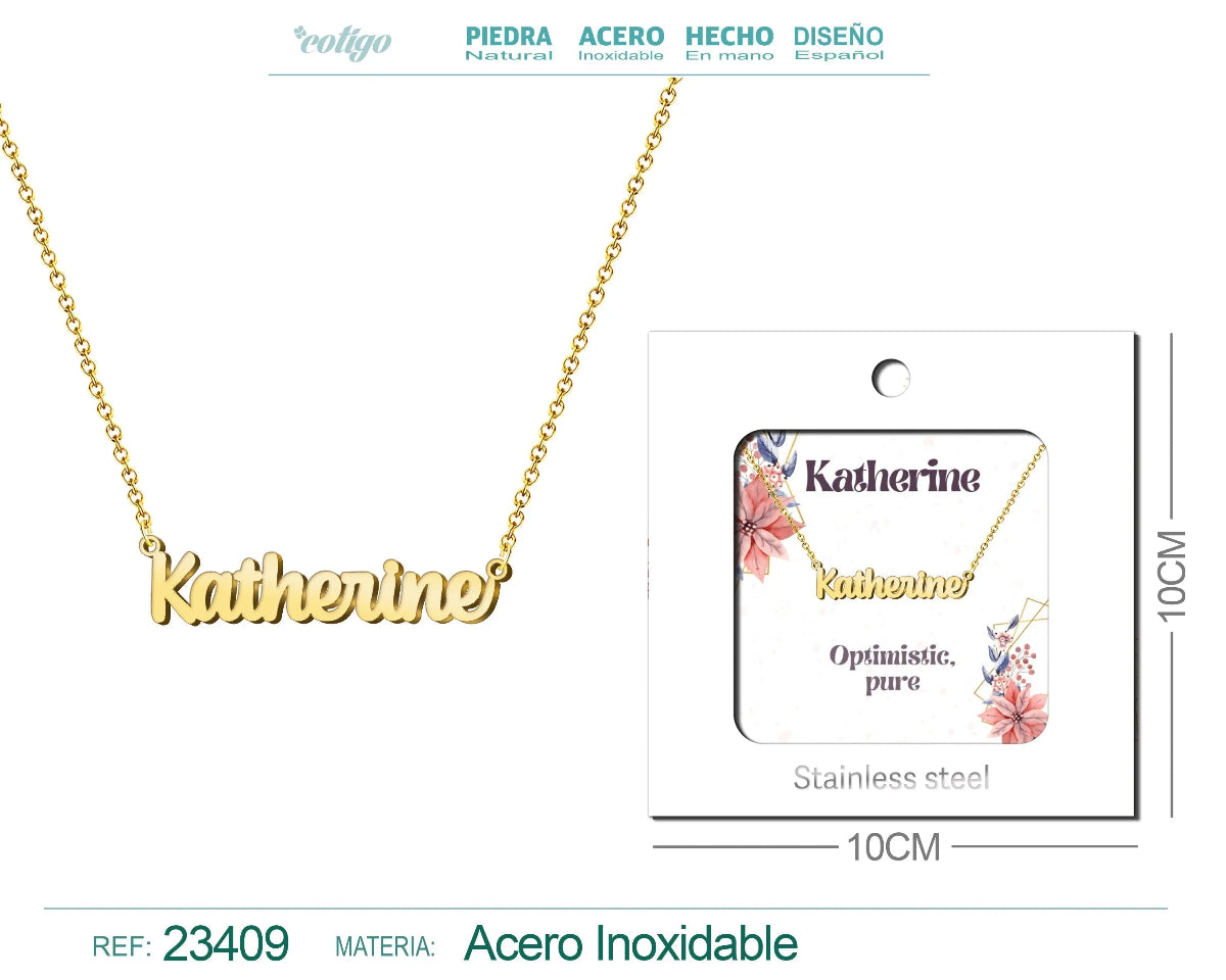 Collar dorado con nombre Katherine escrito en cursiva diseño clásico sofisticado y acabado brillante