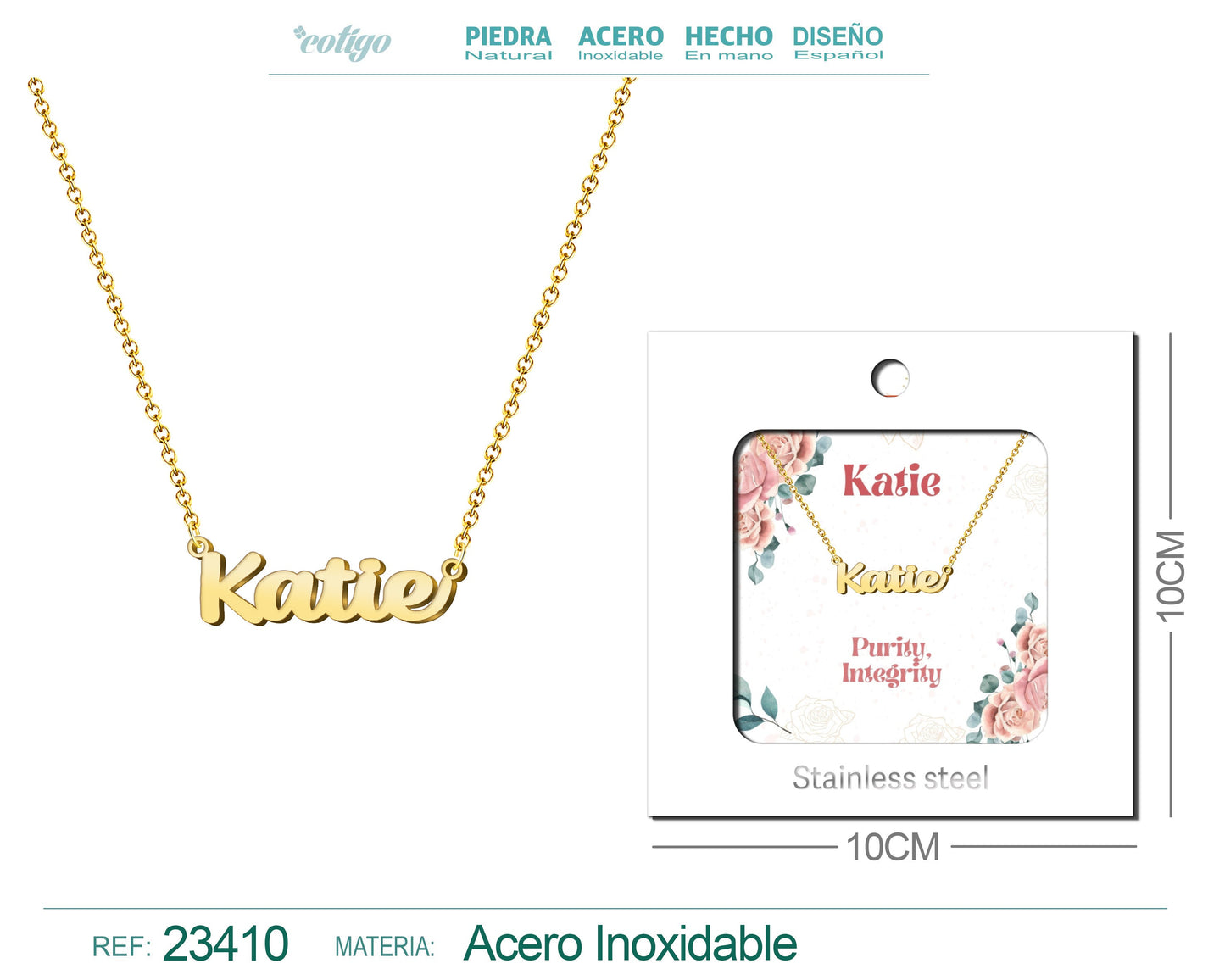 Collar Nombre Ingles Katie Acero con Sobre
