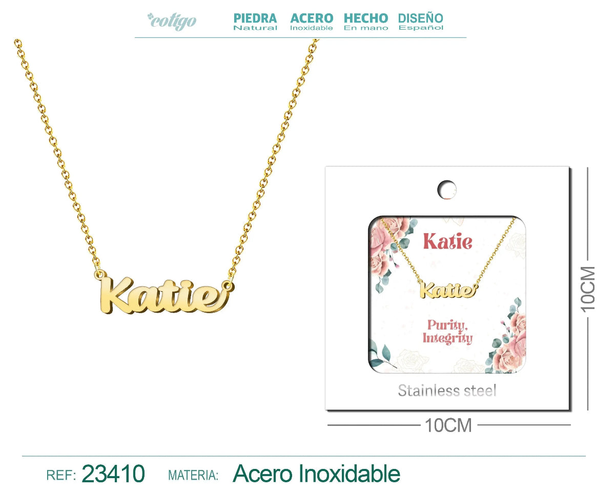 Collar dorado con nombre Katie escrito en cursiva diseño juvenil dulce y acabado brillante