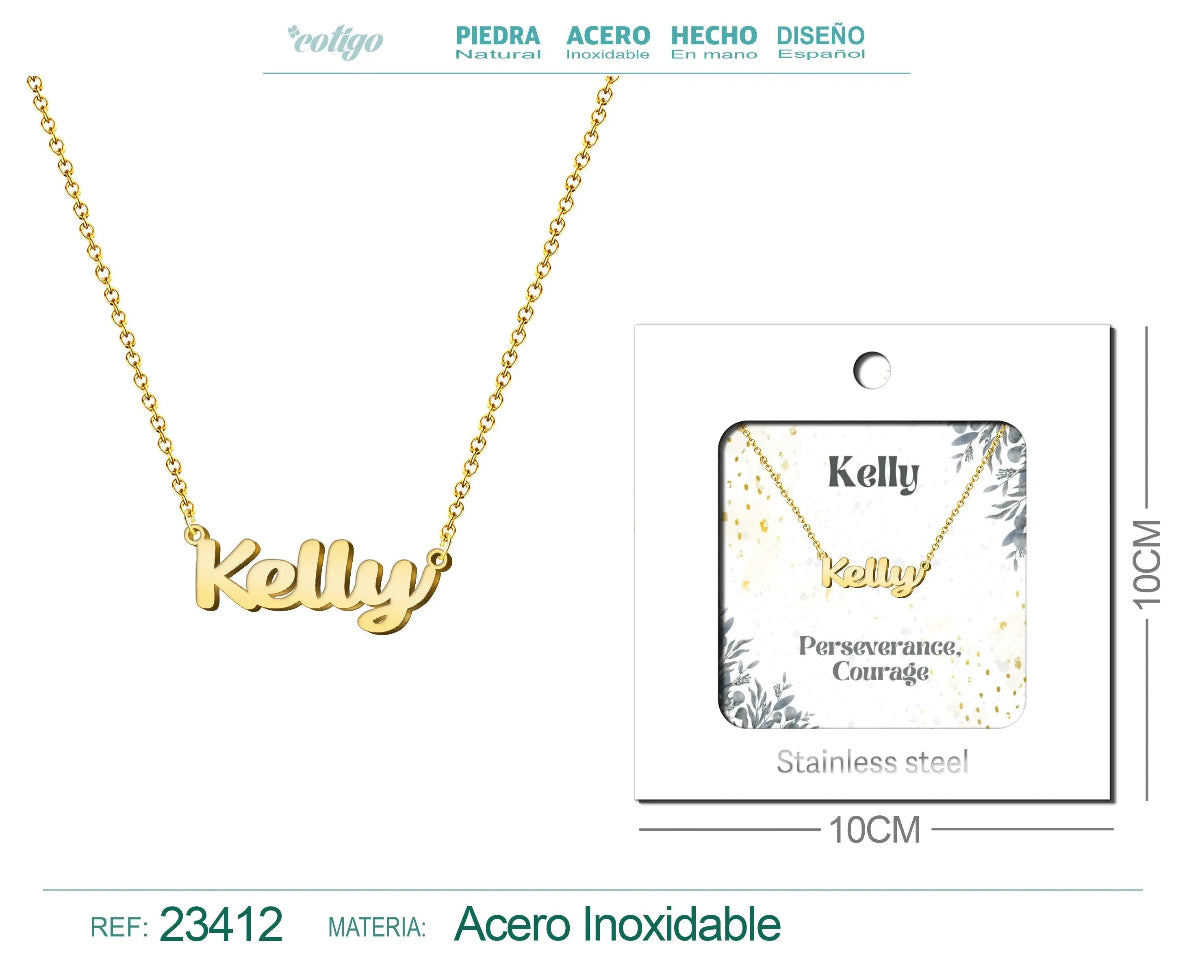 Collar dorado con nombre Kelly escrito en cursiva diseño clásico vibrante y acabado brillante