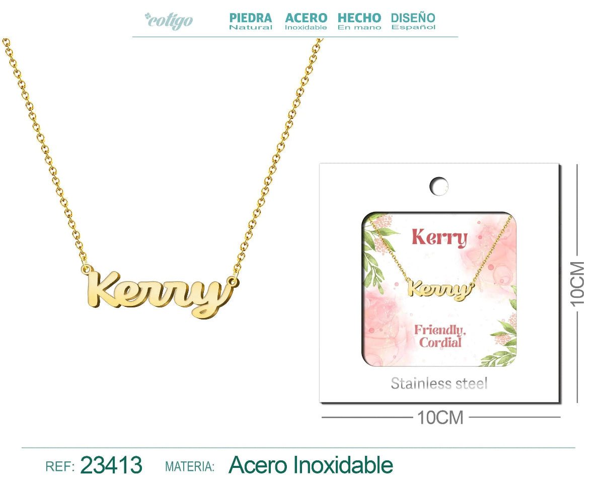 Collar dorado con nombre Kerry escrito en cursiva diseño elegante de inspiración irlandesa y acabado brillante