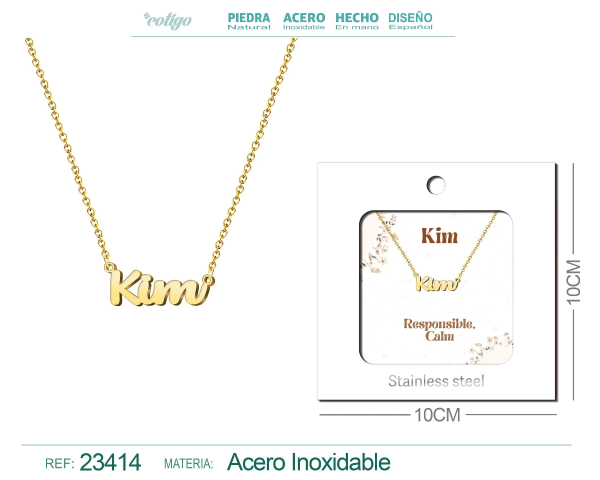 Collar dorado con nombre Kim escrito en cursiva diseño minimalista moderno y acabado brillante
