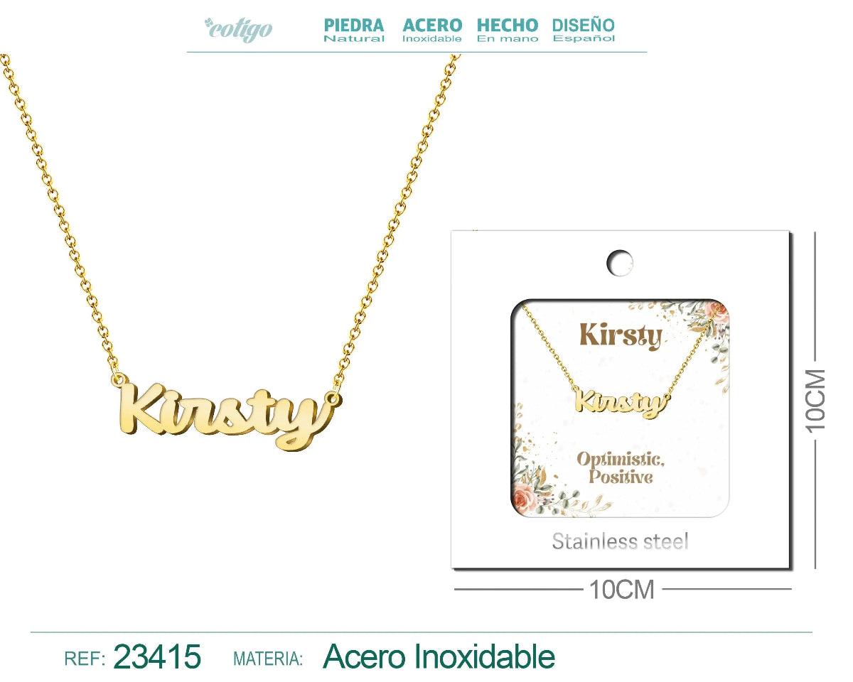 Collar dorado con nombre Kirsty escrito en cursiva diseño moderno de inspiración escocesa y acabado brillante